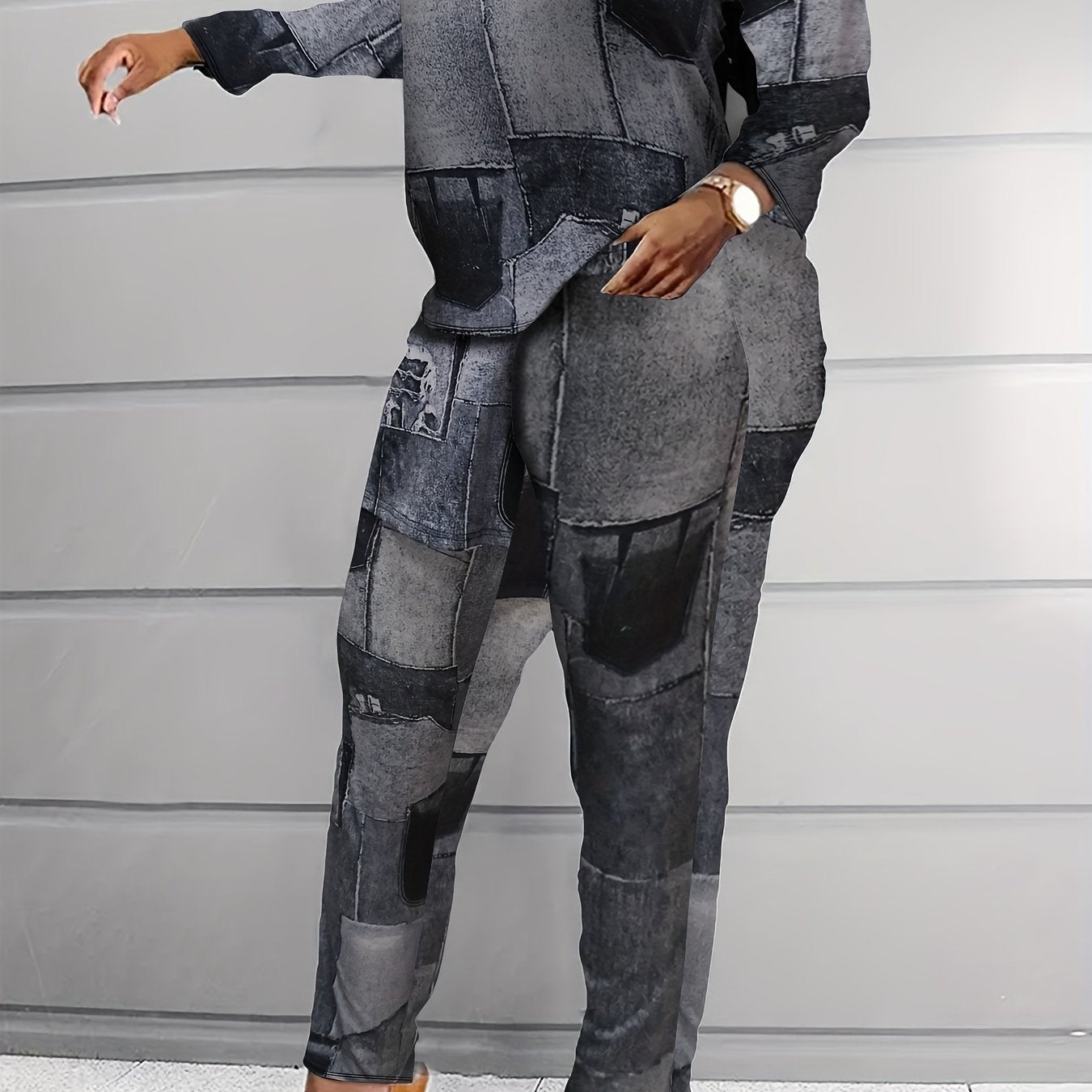 Women's Plus Denim Print Distressed Top & Pants Set
