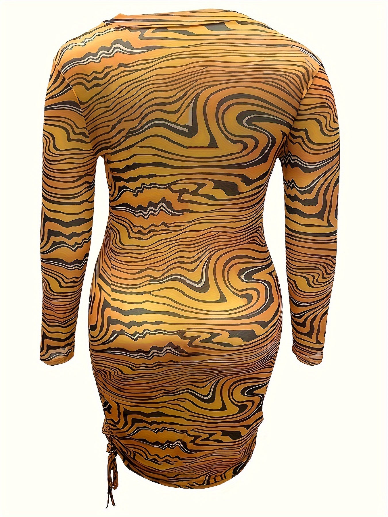 Abstract Stripe Print Side Tie Ruched Bodycon Midi Dress