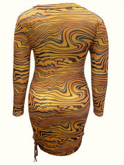 Abstract Stripe Print Side Tie Ruched Bodycon Midi Dress