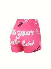 Casual Shorts Women's Plus Allover Letter Print Elastic High Rise