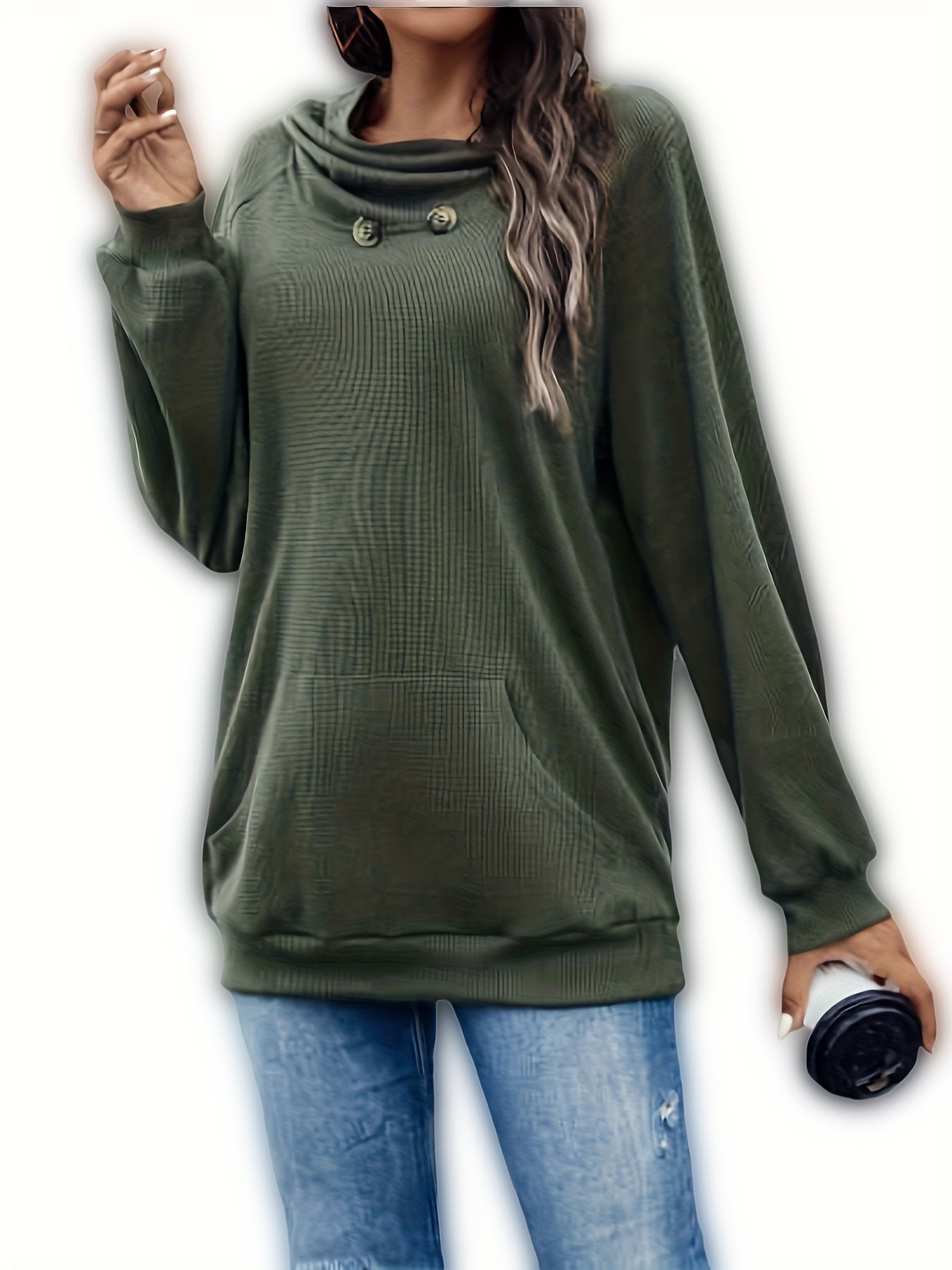 Solid Kangaroo Pocket Hoodies Casual Waffle Long Sleeve Sweatshirt