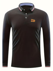 Men's Peanut Print Polo Shirt Stretch Button Up Long Sleeve for Spring Fall