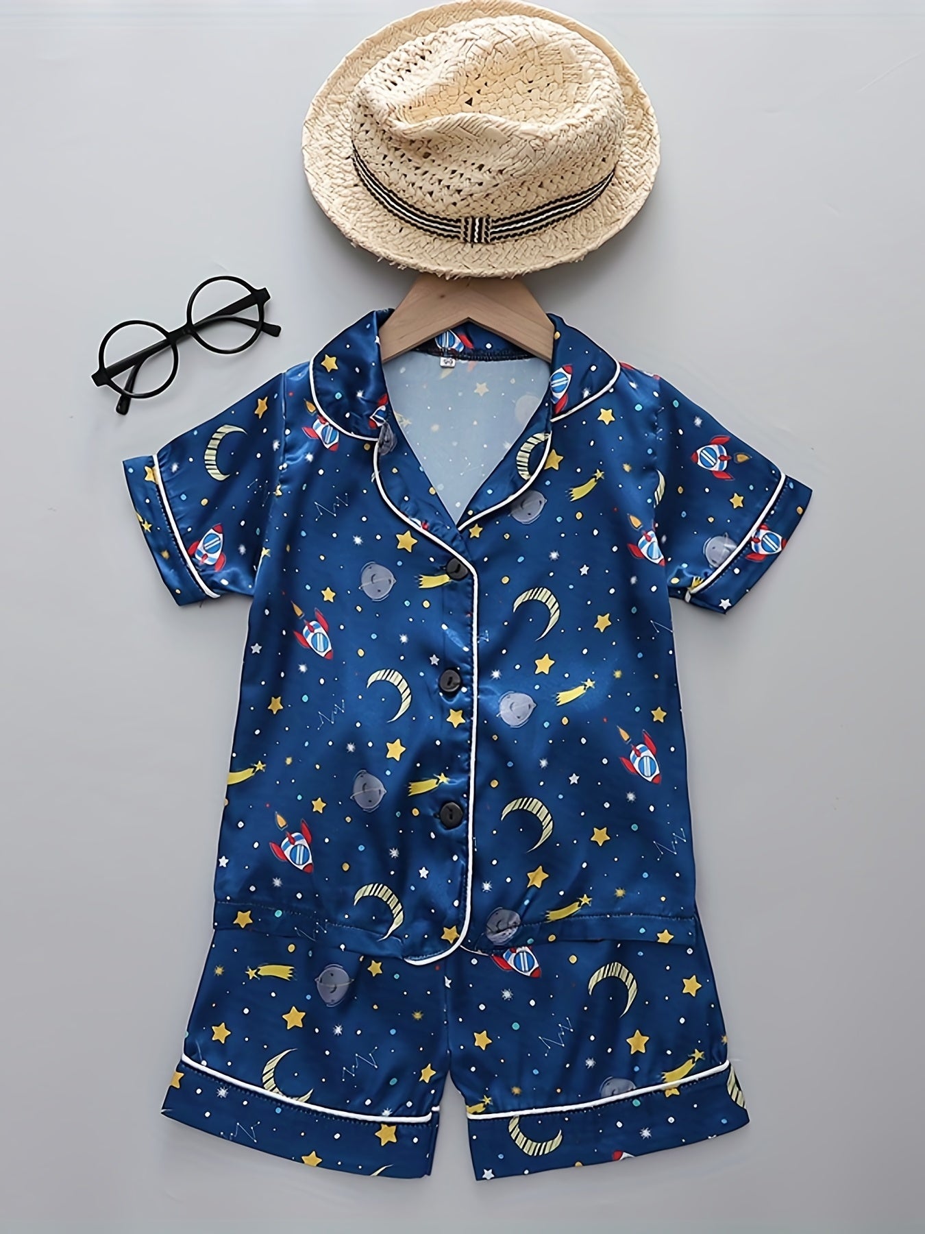 Boys Rocket Moon Star Pajamas Set Short Sleeves Tops & Bottoms