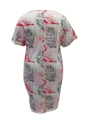 Women's Plus Flamingo & Leaf Print V Neck Dress With Pockets