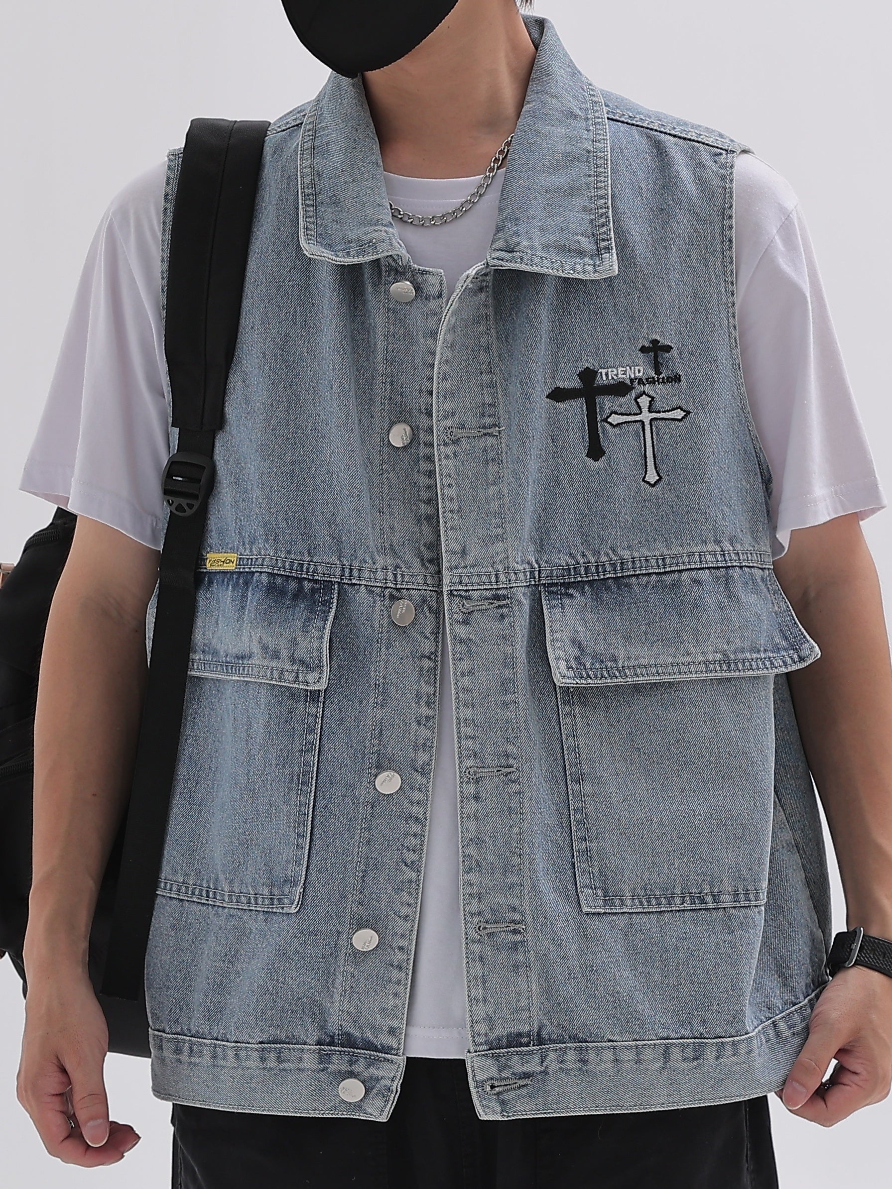 Men's Classic Crucifix Pattern Denim Vest Street Style Waistcoat Spring Summer