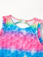 Girls Mermaid Fish Scale Print Tankini Swimsuit Sleeveless