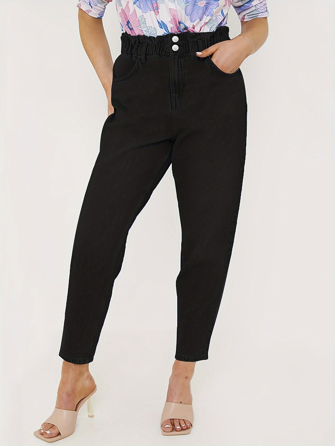 Casual Jeans Women's Plus Solid Elastic Button Fly High Rise