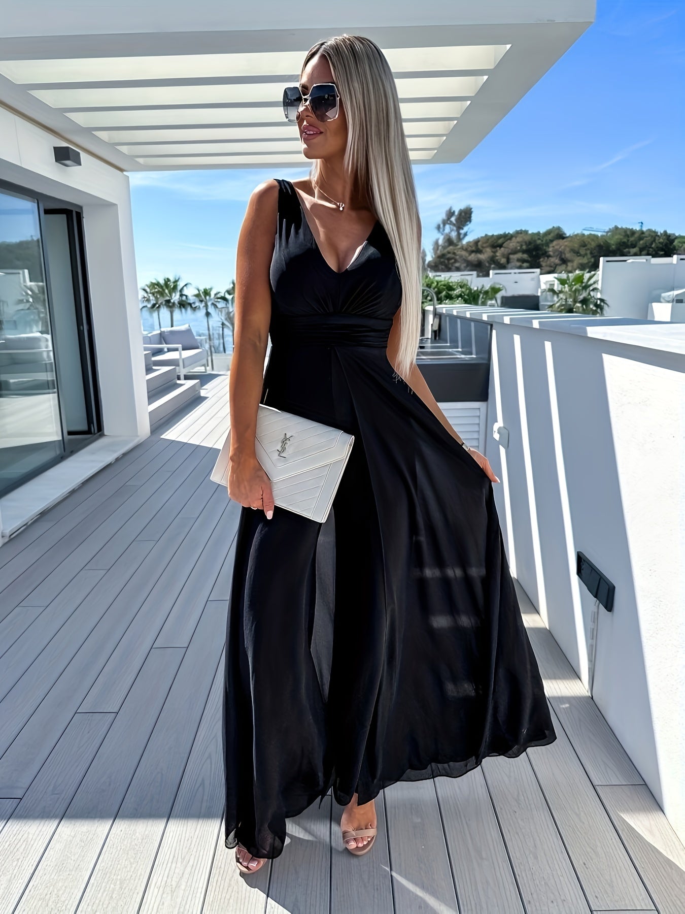 Wide Leg Tank Jumpsuit V Neck Sleeveless Spring Summer