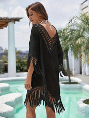 Hollow Out Crochet Boho Cover Up Dress V Neck Solid Beach Kaftan