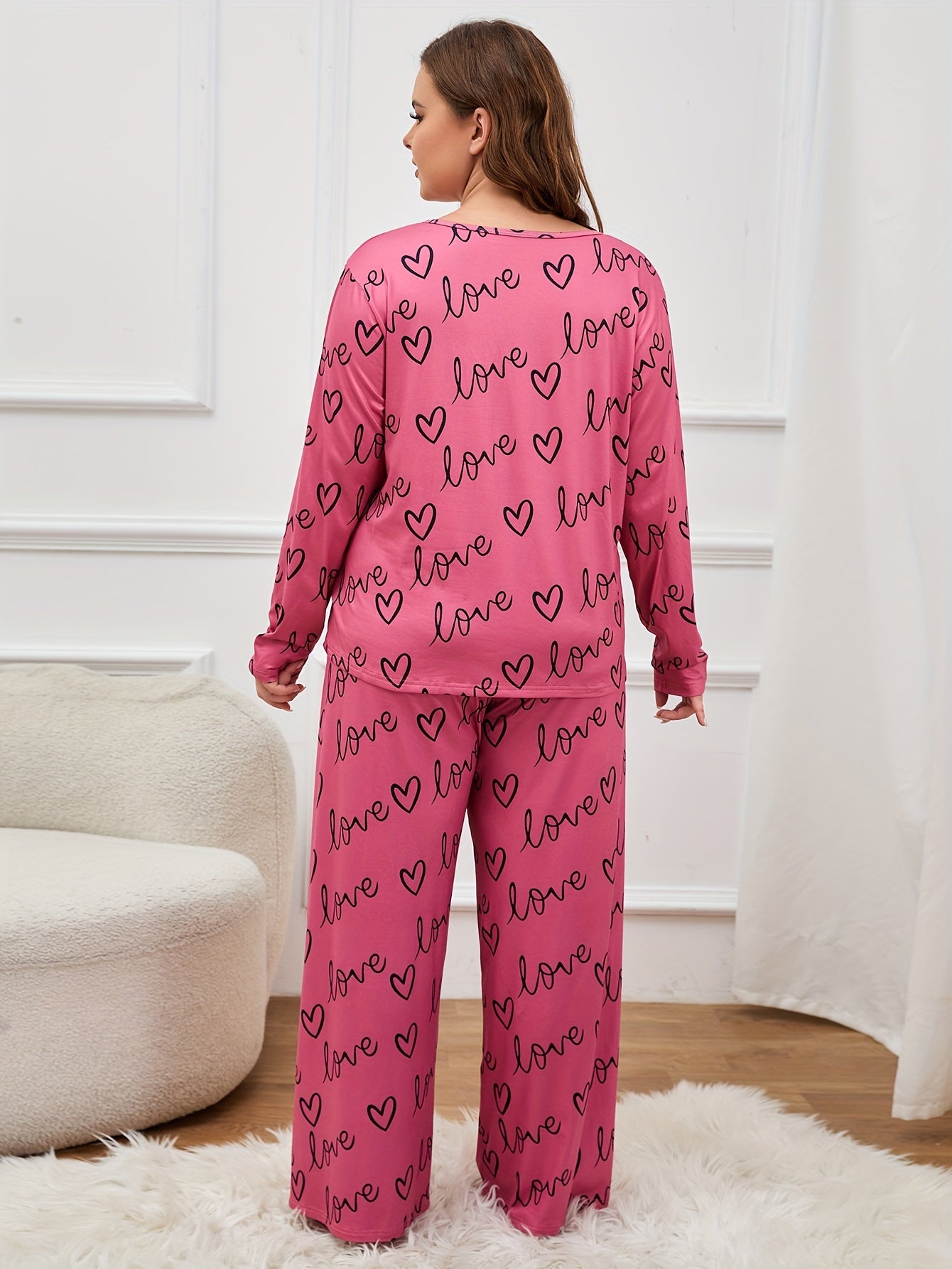 Heart & Letter Print Pajama Set Long Sleeve Tee & Pants Lounge 2 Pc