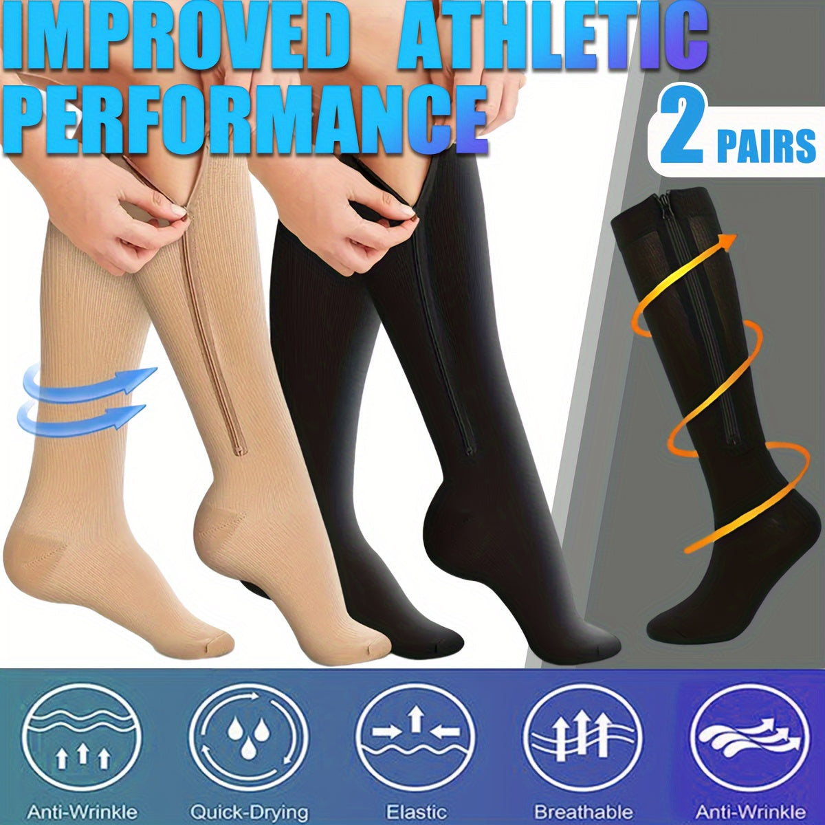 2 Pairs Copper Compression Socks 15-20mmHg Knee High for Women & Men