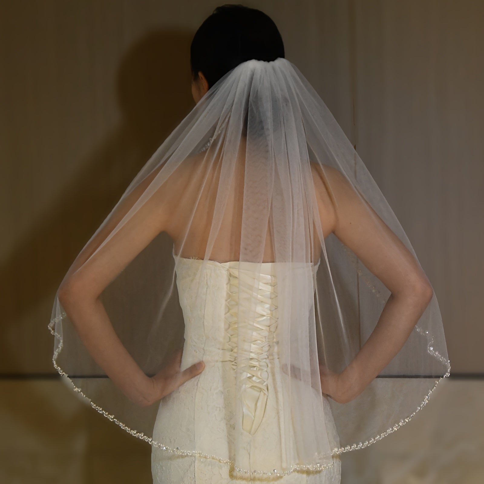 Chapel Length Wedding Veil Organza Beaded Rhinestone Edge Bridal Accessories
