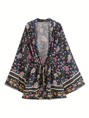 Floral Print Bell Sleeve Kaftan Cover Up Dress