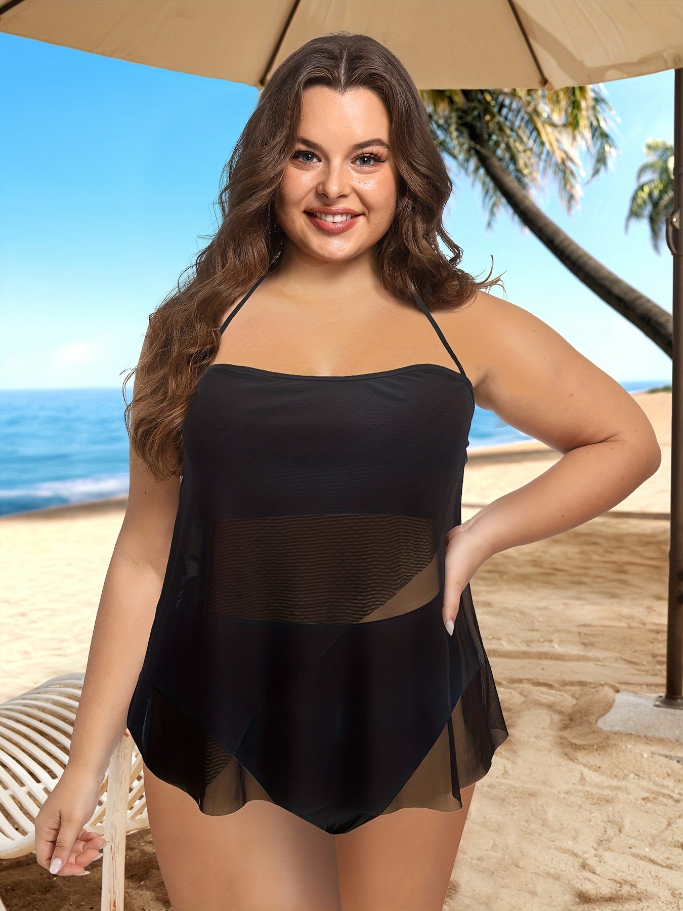 Vacay Tankini Set Plus Size Halter Neck Beachwear Two Piece Set