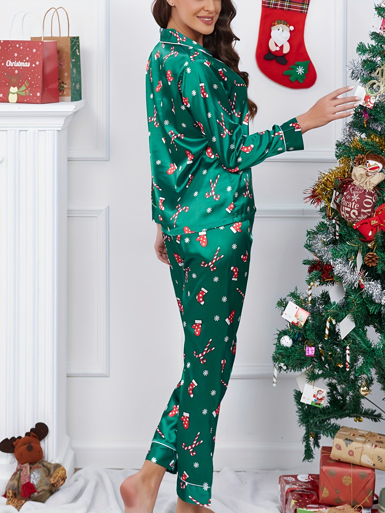 Christmas Socks Pajama Set Long Sleeve Top & Pants Women's Sleepwear
