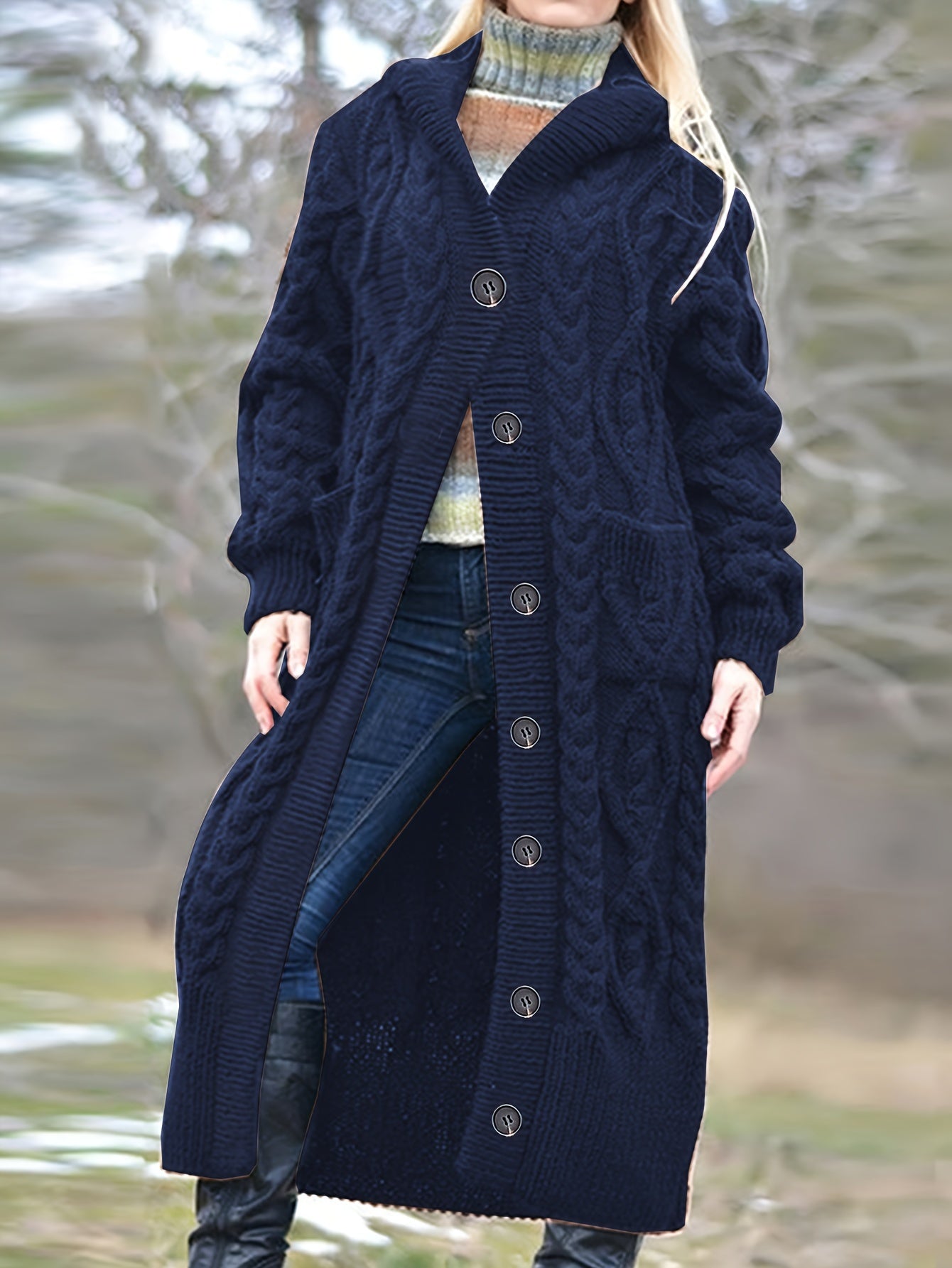 Solid Cable Button Up Long Sleeve Hooded Cardigan