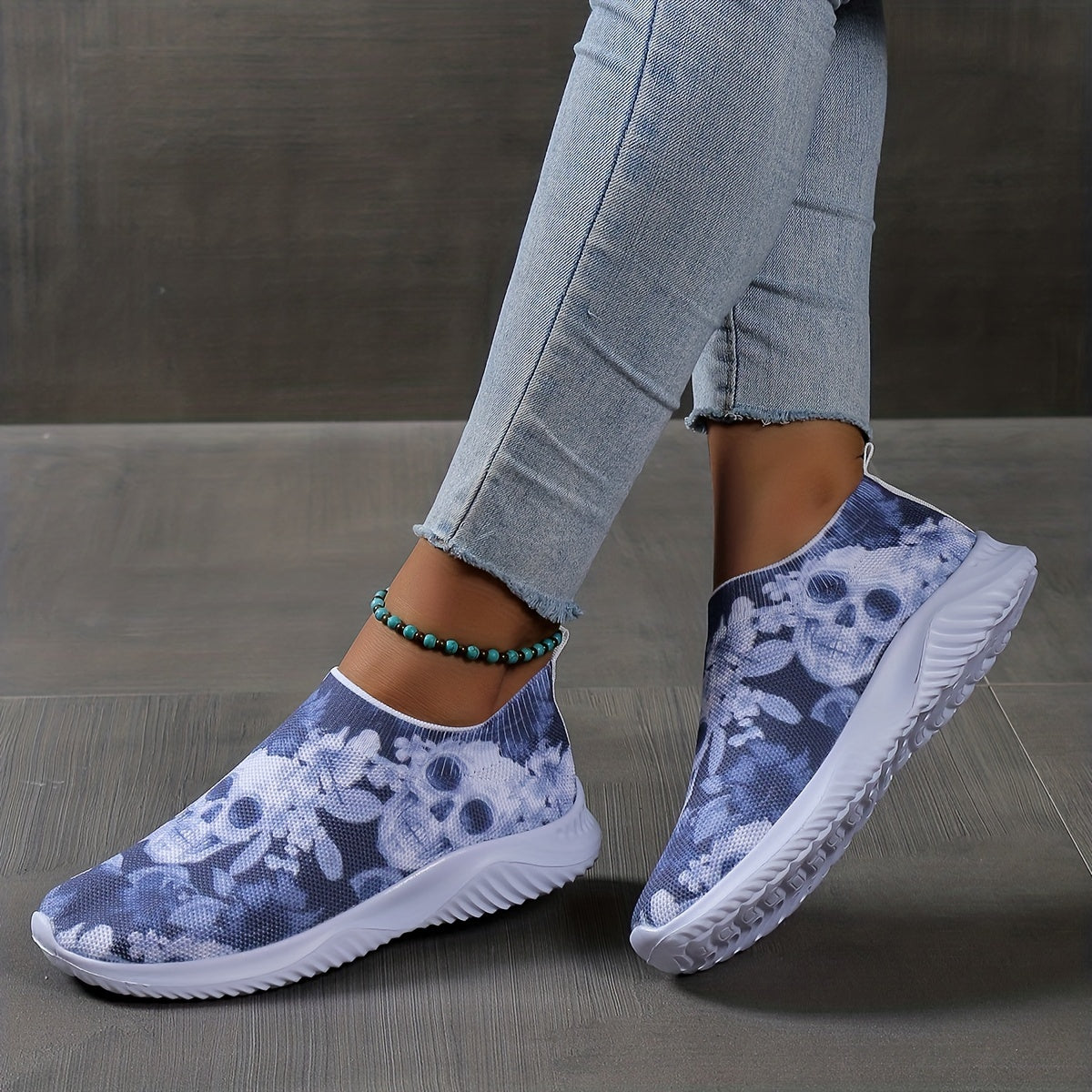 Women's Calavera Print Slip On Sneakers Low Round Toe Lightweight Shoes