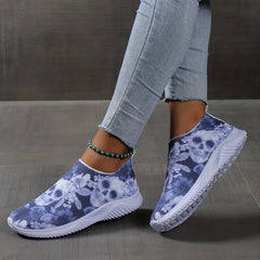 Women's Calavera Print Slip On Sneakers Low Round Toe Lightweight Shoes