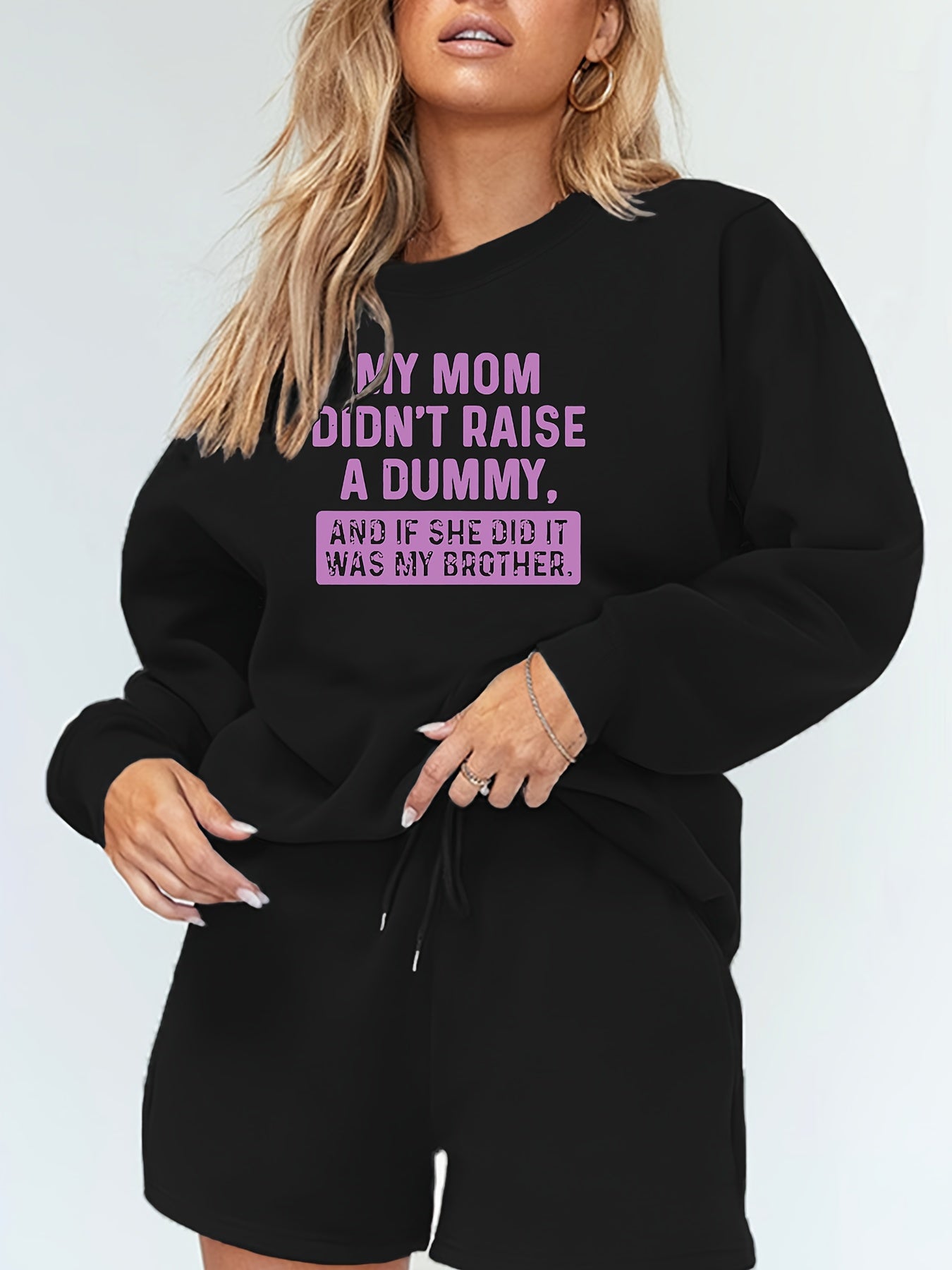 Slogan Print Fleece Sweatshirt & Shorts Outfit Set