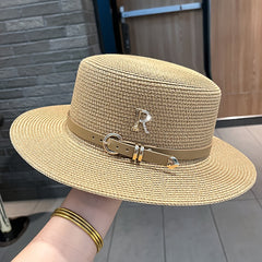 Wide Brim Straw Hat Metal Letter Belt Beach Sun Hat