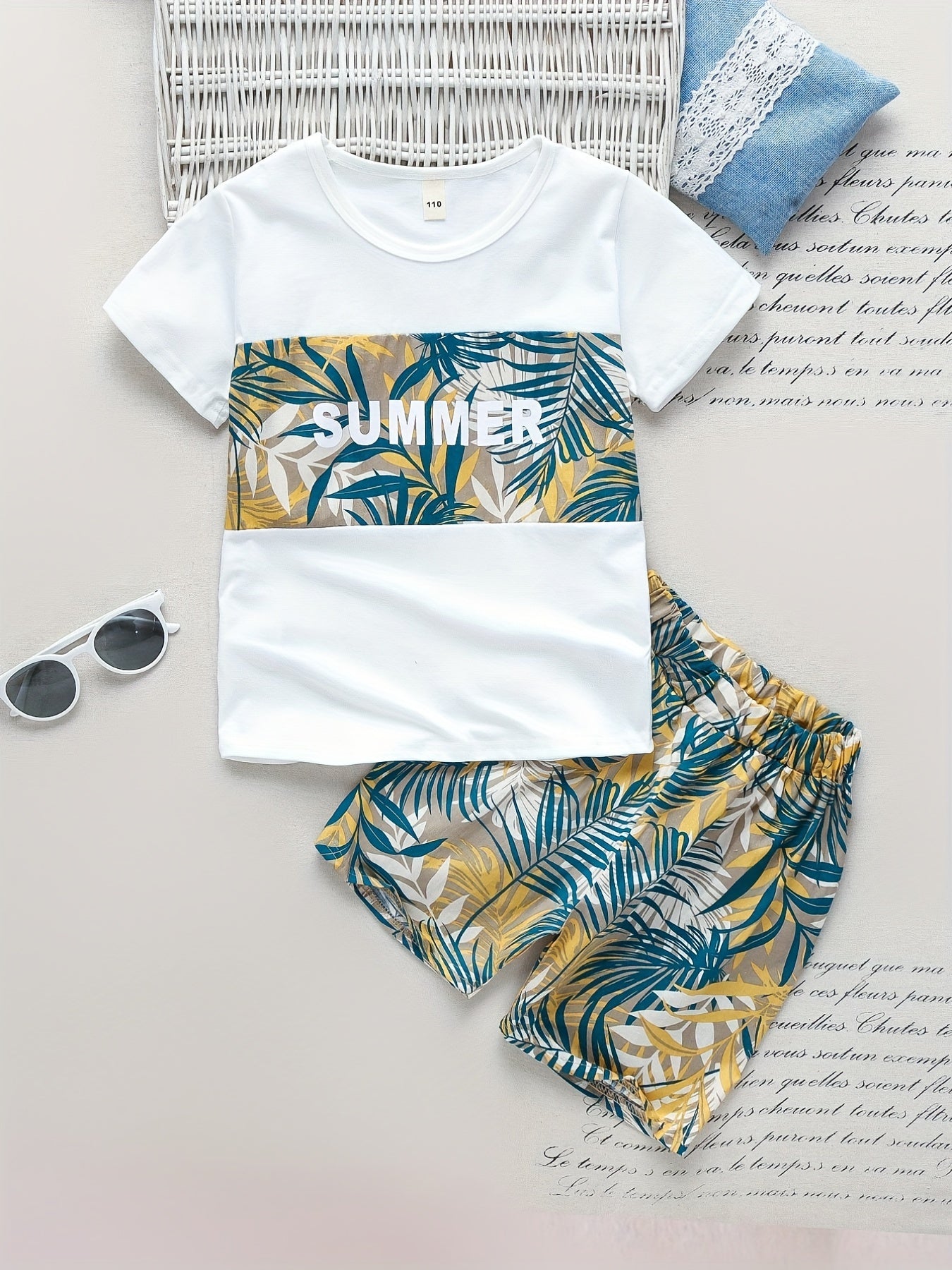 Boys Leaf Print Set Short Sleeve & Shorts Summer Style Casual Kids Clothes