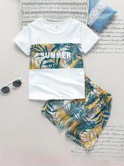 Boys Leaf Print Set Short Sleeve & Shorts Summer Style Casual Kids Clothes