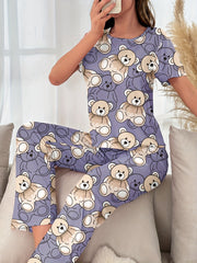 Bear Print Pajama Set Short Sleeve Top & Lounge Pants