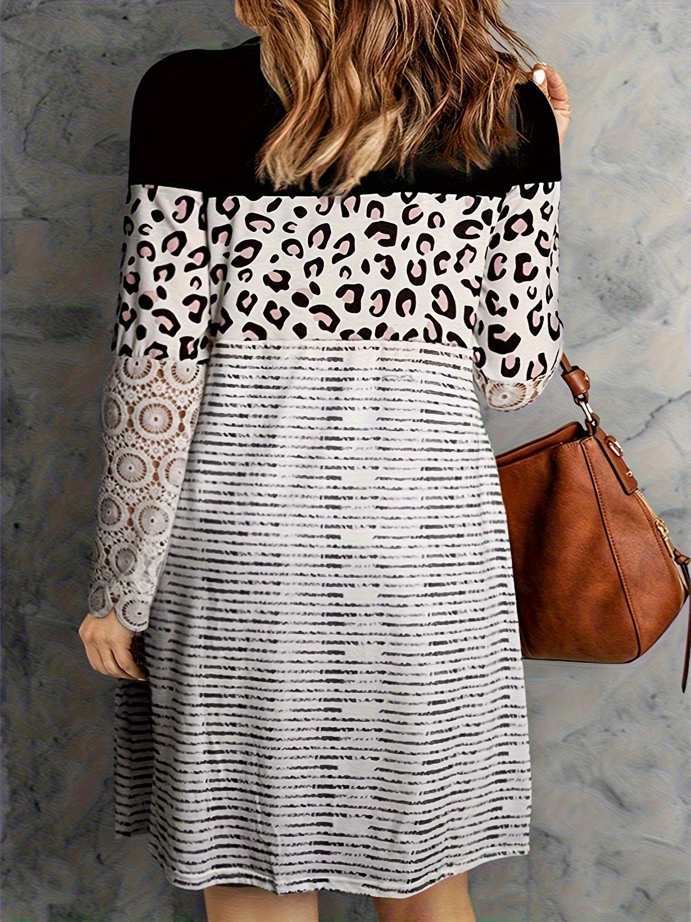 Colorblock Stripe & Leopard Print Lace Dress