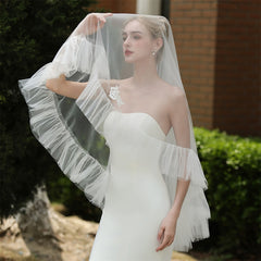 Sheer Ruffled Mesh Bridal Veil with Face Veil Long Flowing Wedding Veil