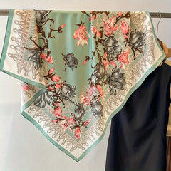 Magnolia Print Silk Satin Square Scarf Head Wrap Sunscreen Travel Beach Towel