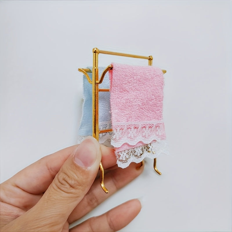 Dollhouse Metal Towel Rack Set with Towels DIY Furniture Props