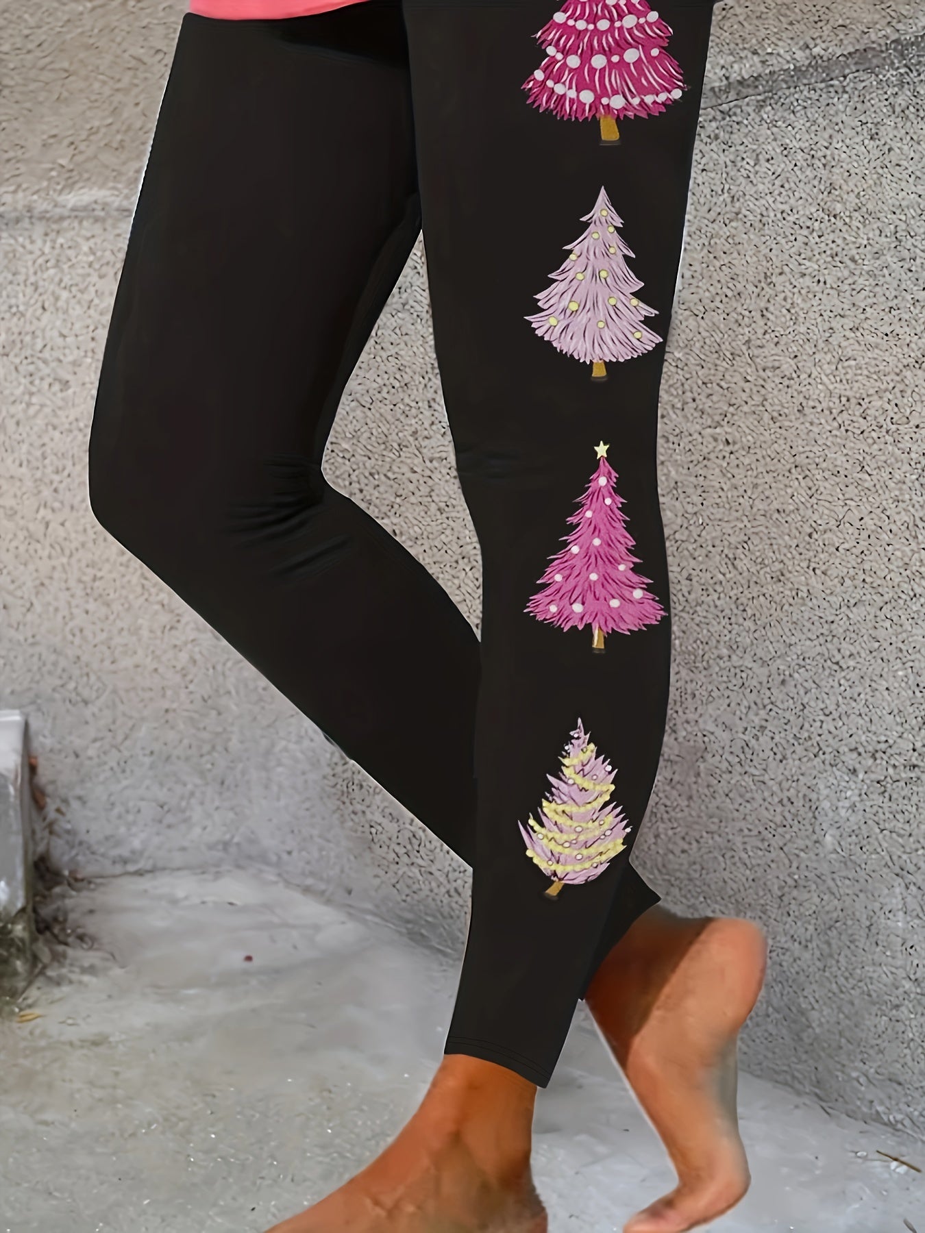 Christmas Tree Print Skinny Leggings Casual Elastic Waist Stretchy Leggings