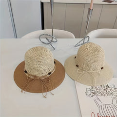 Crochet Straw Sun Hat Rope Bowknot Sunscreen Bucket Hat