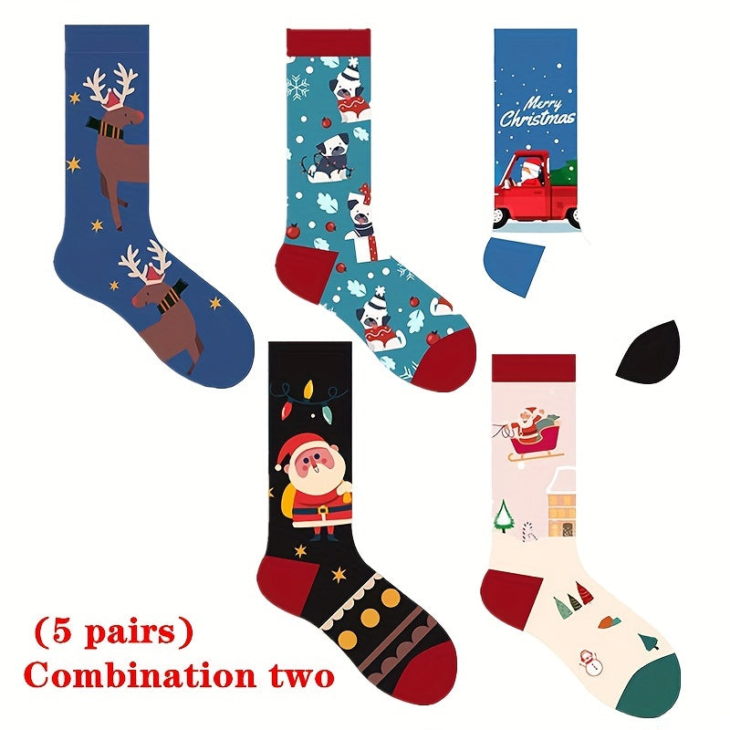 5 Pairs Christmas Print Socks Women's Mid Tube Stockings & Hosiery