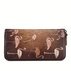 Vintage Flamingo Print Leather Purse for Women Large Capacity Zipper Wallet