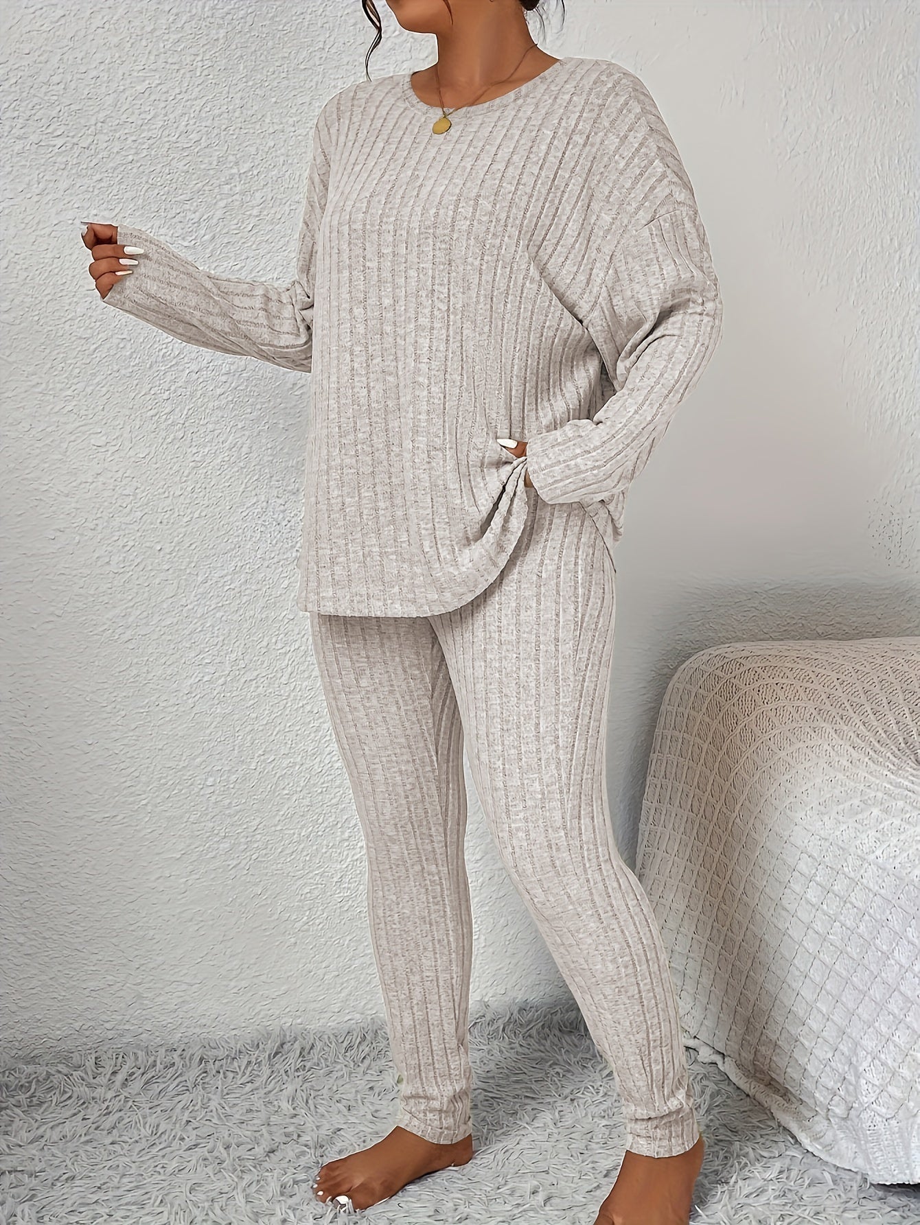 Solid Long Sleeve Top & Leggings Set Ribbed Knit Two Piece