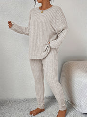 Solid Long Sleeve Top & Leggings Set Ribbed Knit Two Piece