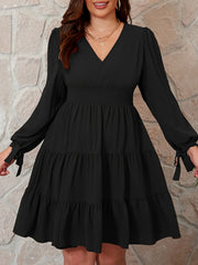 Solid Tie Long Sleeve Ruffle Trim Smock Dress