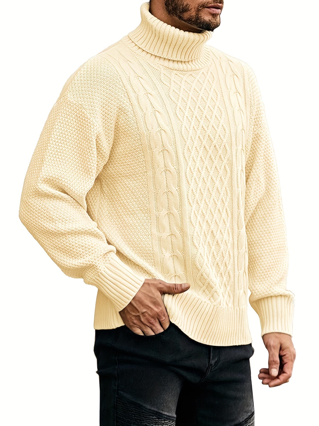 Men's Cable Knit Turtleneck Sweater - Warm & Stylish Pullover
