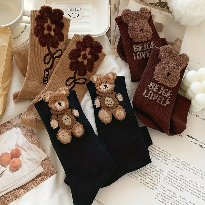 3 Pairs Bear Print Socks Cute & Comfy Women's Stockings