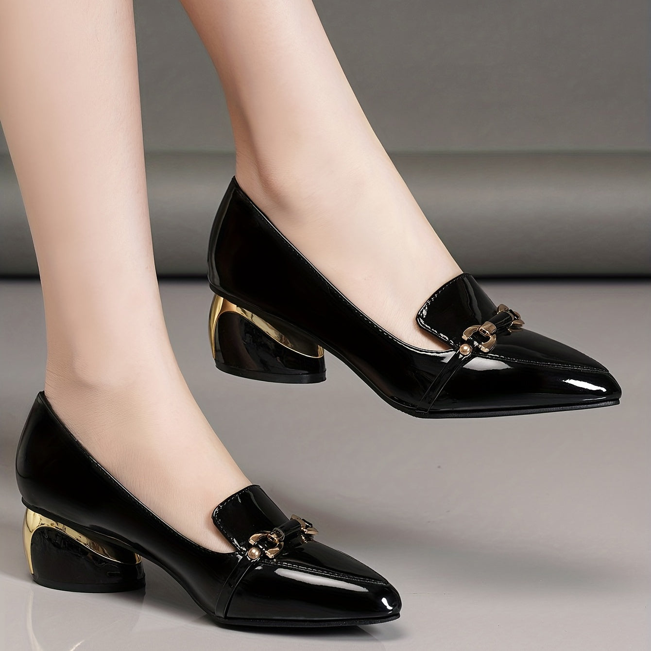 Women's Buckle Strap Chunky Heels Pointed Toe Pumps
