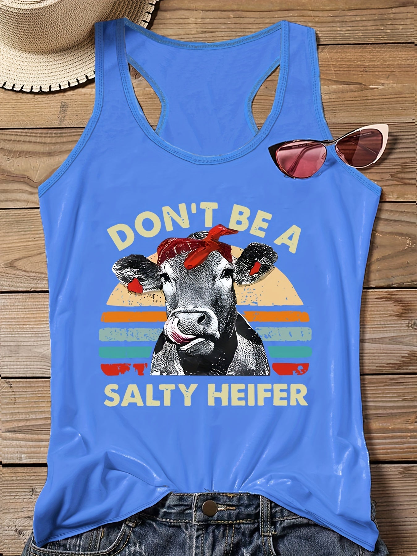 Cartoon Cow & Slogan Print Round Neck Vest Top