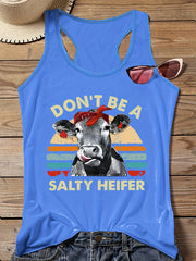Cartoon Cow & Slogan Print Round Neck Vest Top