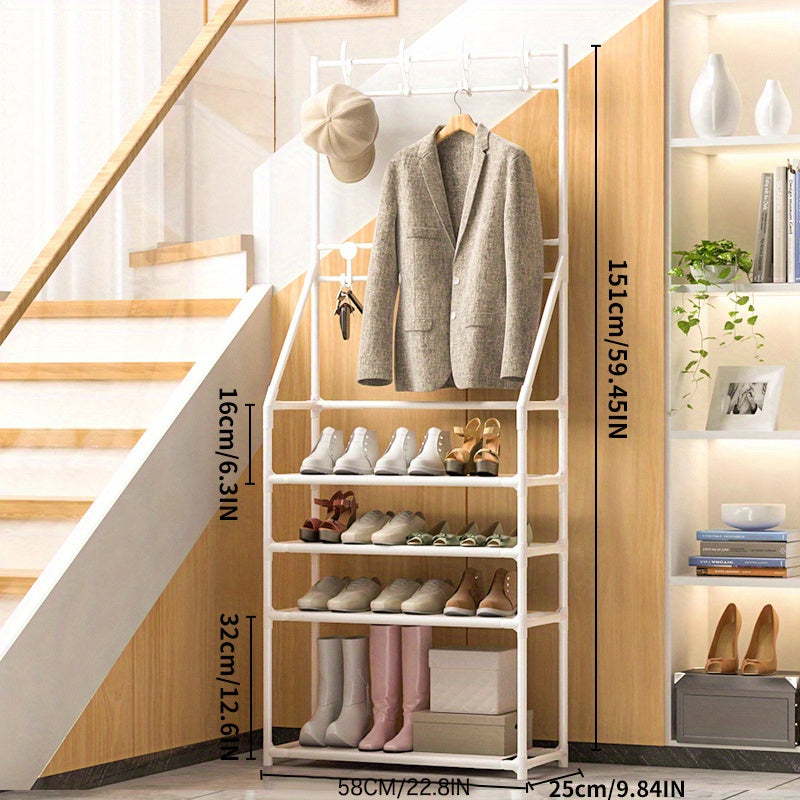 Entryway Coat Rack Shoe Storage Shelves 8 Hooks Living Room