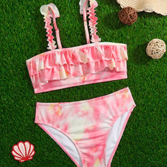 Girl's Tie Dye Bikini Set Ruffle Decor Sequin Cami Top & Briefs