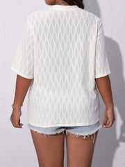 Plus Size Casual Blouse Solid Jacquard Button Up Short Sleeve Notched Neck Top