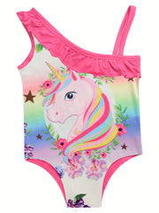 Girl's Unicorn Pattern Onesie Swimsuit Ruffle Tankini Bathing Suit