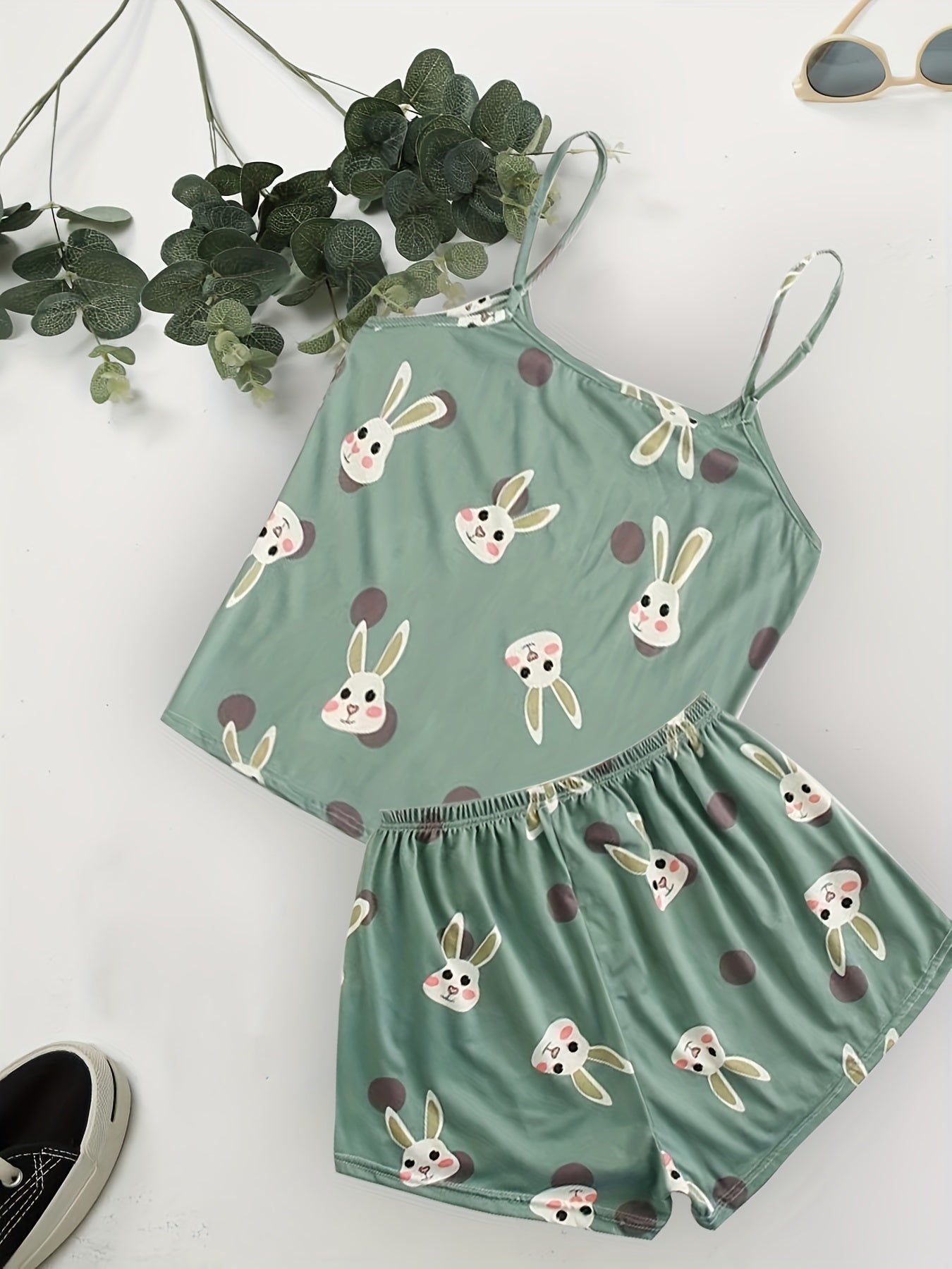 Cartoon Rabbit Print V Neck Cami & Shorts Plus Size Pajama Set