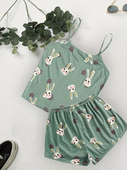 Cartoon Rabbit Print V Neck Cami & Shorts Plus Size Pajama Set
