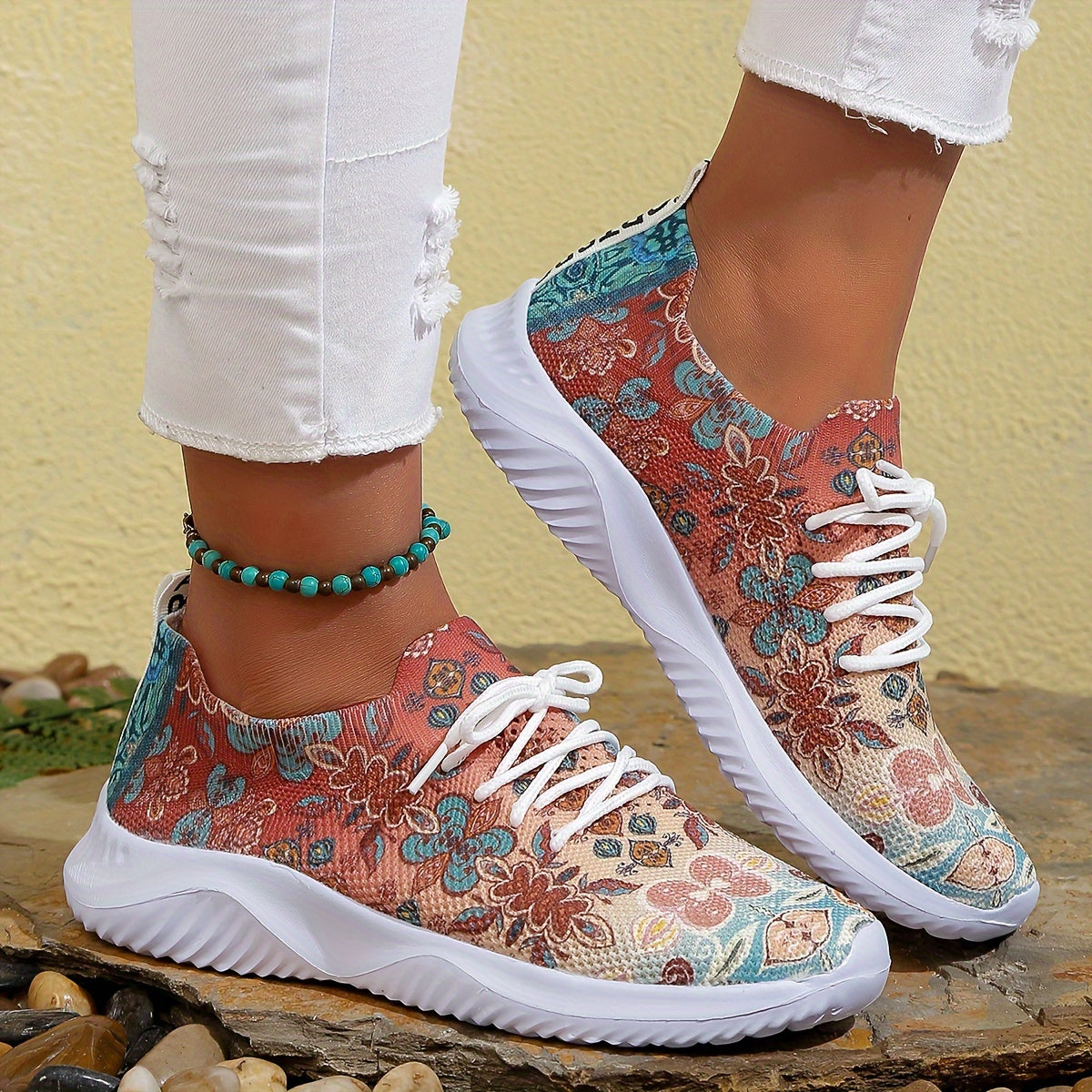 Ethnic Print Mesh Breathable Lightweight Running Shoes